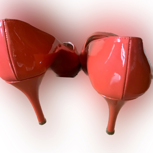 Prada 1KP159 coral patent leather peep toe pumps heels shoes 37.5 Womens 7 W Box - Picture 10 of 14